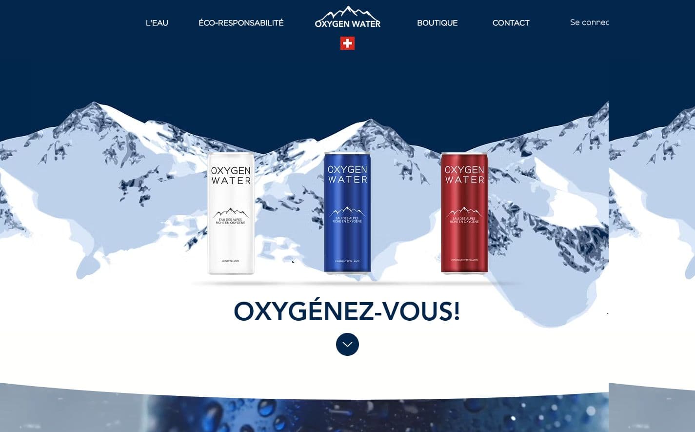 Interface Oxygen Water et canettes d'eau enrichie en oxygène